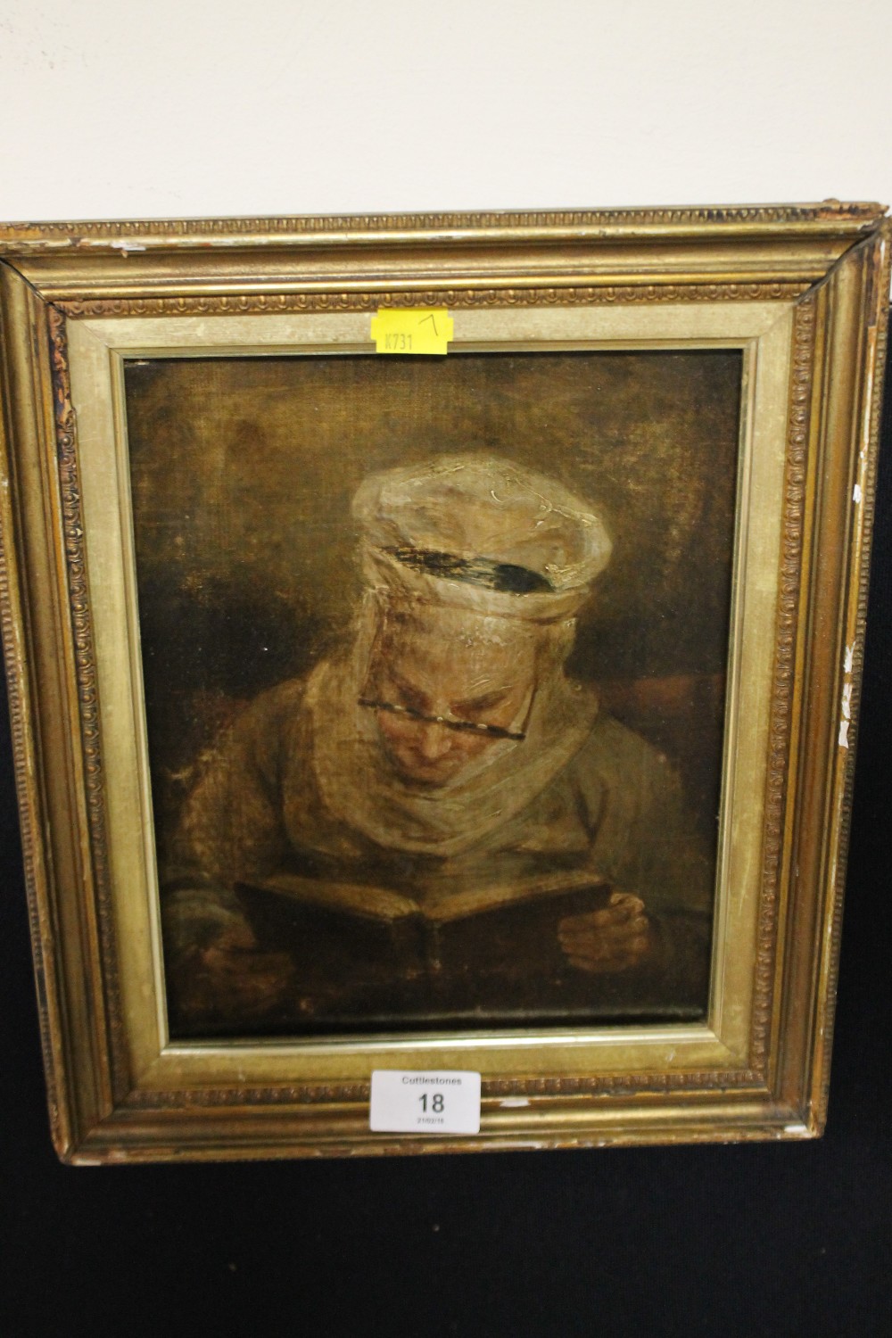 A GILT FRAMED OIL ON CANVAS DEPICTING AN ELDERLY WOMAN