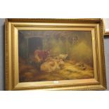 A LARGE GILT FRAMED OIL ON CANVAS DEPICTING AN INTERIOR STABLE SCENE WITH ANIMALS SIGNED J JACKSON