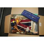 A BOX OF COLLECTABLES TO INCLUDE TOY CARS, BUGLES ETC