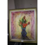 A FRAMED OIL ON CANVAS DEPICTING FLOWERS IN A VASE SIGNED DEAN