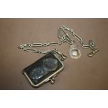 AN ANTIQUE ALBERT CHAIN WITH HALLMARKED SILVER FOB AND SOVEREIGN HOLDER