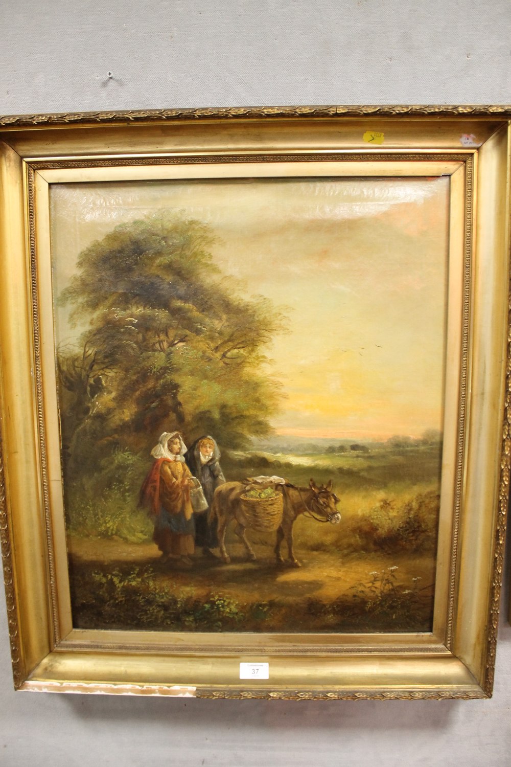 ATTRIBUTED TO JOSEPH BARKER OF BATH SIGNED LOWER LEFT - OIL ON CANVAS OF A WOMAN WITH DONKEY IN