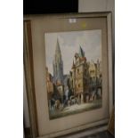 A WATERCOLOUR SIGNED H SCHAFER DEPICTING A STREET SCENE WITH CATHEDRAL