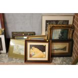 A SELECTION OF ASSORTED WATERCOLOURS OILS AND PRINTS TO INCLUDE A NUDE OIL ON CANVAS FRAMED TILE