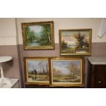 FOUR ASSORTED SIGNED GILT FRAMED OIL ON CANVASES