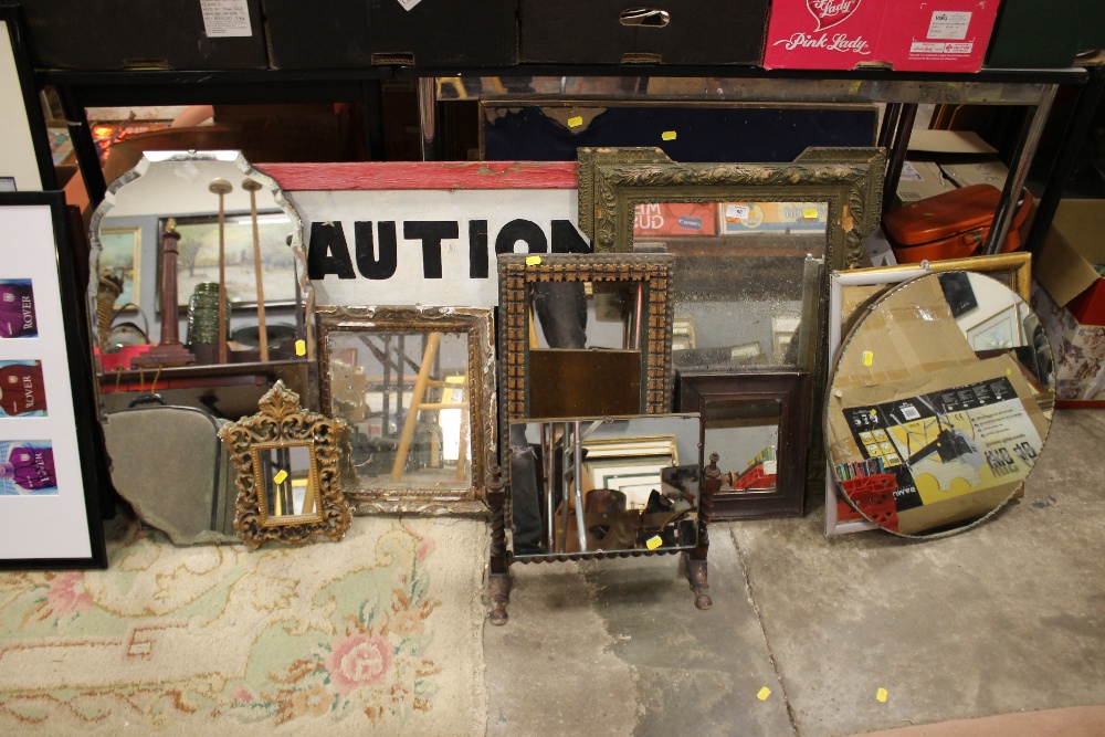 A SELECTION OF MIRRORS TOGETHER WITH A CAUTION ONCOMING TRAFFIC WOODEN SIGN