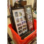 A COLLECTION OF FRAMED AND GLAZED CIGARETTE CARDS TO INCLUDE RAILWAY INTEREST, PRINTS ETC.