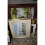 A QUANTITY OF ASSORTED PICTURES AND PRINTS TO INCLUDE A SIGNED BARNFATHER PRINT, WATERCOLOURS ETC.