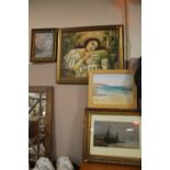FOUR ASSORTED FRAMED OIL PAINTINGS TO INCLUDE A LARGE CANVAS OF A GIRL RESTING ON A PLINTH SIGNED T.