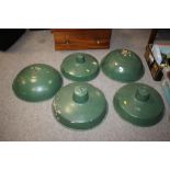 FIVE VINTAGE GALVANIZED GREEN LIGHT SHADES