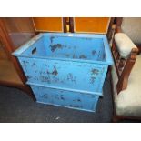 A PAIR OF BLUE INDUSTRIAL METAL CRATES / PLANTERS