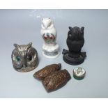 A SELECTION OF OWL RELATED COLLECTABLES, comprising a carved ebonised wooden lidded pot, a '