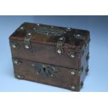 A LATE 19TH / EARLY 20TH CENTURY DECORATIVE WALNUT INK CASKET, with brass mounts, containing two