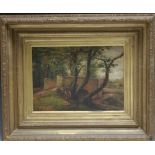 J. E. HEMMING (XX). Bridge and trees, signed lower left, oil on board, gilt framed, 24.5 x 34.5 cm