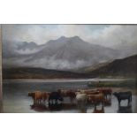 STEPHEN E HOGLEY (act. 1874-1893). Cattle watering in a Scottish Loch, signed lower right, oil on