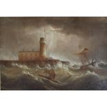 A 19TH CENTURY STORMY SEASCAPE, with lighthouse and ships, unsigned, oil on canvas, gilt framed,