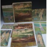 MAURICE FEILD (1905-1988). Nine studies of boys bathing, all unsigned, oils on canvas and oils on