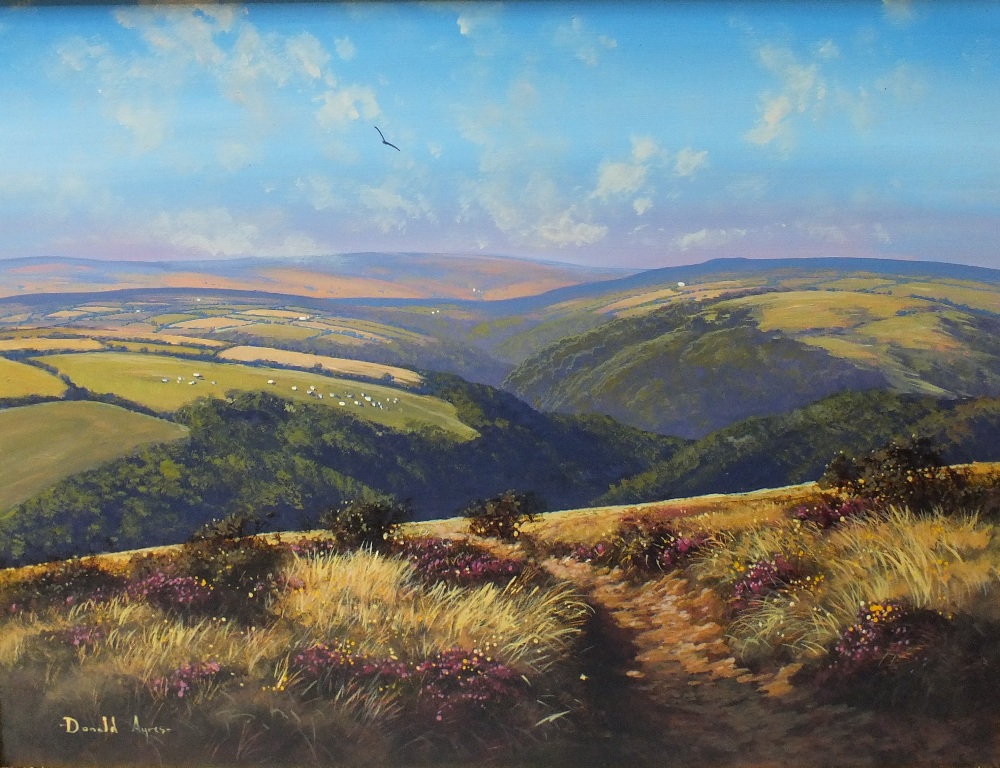 DONALD AYRES (1936). 'Looking Down on Watersmeet', Devonshire view with rolling hills in the