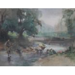 BERNARD H. WILES (1883-1966). River scene with angler, signed lower right, watercolour, framed and