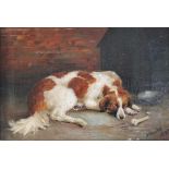 H TUNALEY ? (XIX). Resting dog with a bone, signed lower left but indistinct and dated 1883, oil