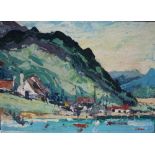 F BROWN (XX). Lake view with houses, signed lower right, oil on canvas laid on board, unframed, 32.5
