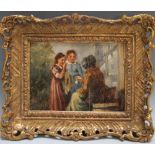 LATE 19TH / EARLY 20TH CENTURY 'THREE GIRLS CONVERSING', unsigned, oil on board, gilt framed, 9.5