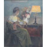 SLADE SCHOOL (XX). Study of a woman next to a lamp, oil on canvas, framed, 60 x 50.5 cm