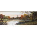 KEVIN PLATT (1945). A panoramic Autumnal river scene with sailing boats and church beyond, signed