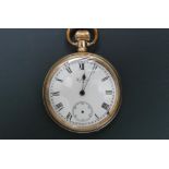 A ROLLED GOLD GENTS POCKET WATCH BY WALTHAM, having white enamel dial, Roman numeral hour markers,