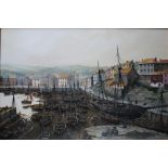 KEVIN PLATT (1945). Harbour scene with ships, signed lower left, oil on canvas, gilt framed, 50 x 75