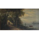 LATE 19TH / EARLY 20TH CENTURY LANDSCAPE WITH FIGURE BOATING, unsigned, oil on canvas, framed, 41.