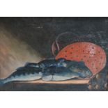 A 20TH CENTURY STUDY OF FISH AND UTENSILS ON A KITCHEN TABLE, indistinctly signed lower right, oil