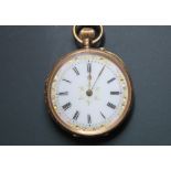 A 14K CASED OPEN FACED MANUAL WIND FOB WATCH, having white enamel dial, Roman numeral hour