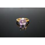 A HALLMARKED 9K GOLD AMETHYST AND DIAMOND RING, the amethyst measuring approx 10 mm x 10 mm ring
