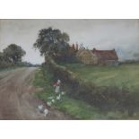 M.R. JONES (XIX-XX). Country lane with runaway geese and haystack making in the background, signed