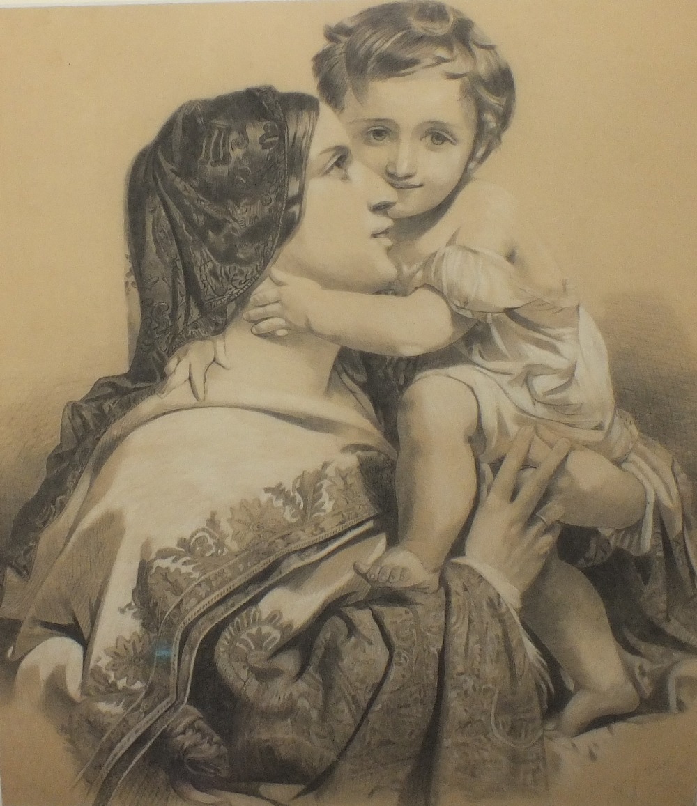 W.J.WARD (XIX). A portrait of a lady and child in period costume, pencil drawing, signed lower