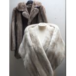 A LADIES VINTAGE FAUX FUR STOLE, together with a vintage 'Tissavel' faux fur jacket and a retro