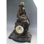 A IMPRESSIVE LARGE BRONZE FIGURAL LIBRARY CLOCK FOR RESTORATION, the seated classical female