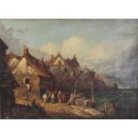 A 19TH CENTURY COASTAL TOWN SCENE, with horse and figures by harbour wall, unsigned, oil on