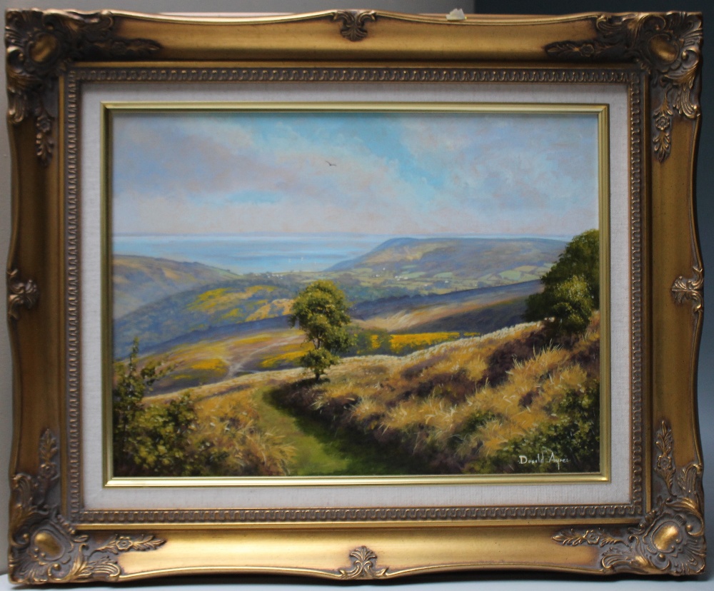 DONALD AYRES (1936). 'Exmoor Spring, Porlock Bay', signed lower right, oil on canvas, gilt framed, - Image 2 of 4