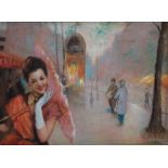 PAL FRIED (1893-1976). Parisian street scene with figures and a young lady with a parasol, signed
