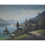 MANKOWSKI. A 19th century Continental School mountainous lake scene with small town, signed lower