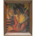 BASSETT. A modernist study of a young woman sitting on a park bench, foliage in background, signed