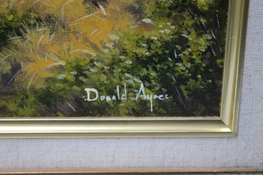 DONALD AYRES (1936). 'Exmoor Spring, Porlock Bay', signed lower right, oil on canvas, gilt framed, - Image 3 of 4