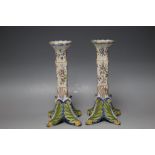 A PAIR OF FAIENCE TYPE CANDLE STICKS, H 22.5 cm