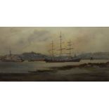 B T BEER (XX). Sailing ships, signed lower left, watercolour, gilt framed and glazed, 13.5 x 26 cm