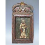 AN EARLY COPTIC PAINTED WOODEN PLAQUE OF A SAINT, tempera on wood, wooden frame with frieze
