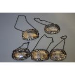 FIVE MODERN HALLMARKED SILVER DECANTER LABELS, consisting of whisky, sherry, port, brandy and