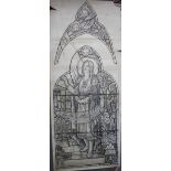 A STAINED GLASS WINDOW DESIGN FROM THE HARDMAN STUDIO, study of a female Saint before a building,