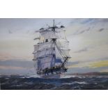 A KENNEDY (XX). Sailing ship on the sea, signed lower right and dated 1970, watercolour/gouache,